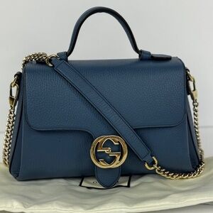 Gucci GG Interlocking Navy Leather Satchel with Gold Chain Made in Italy